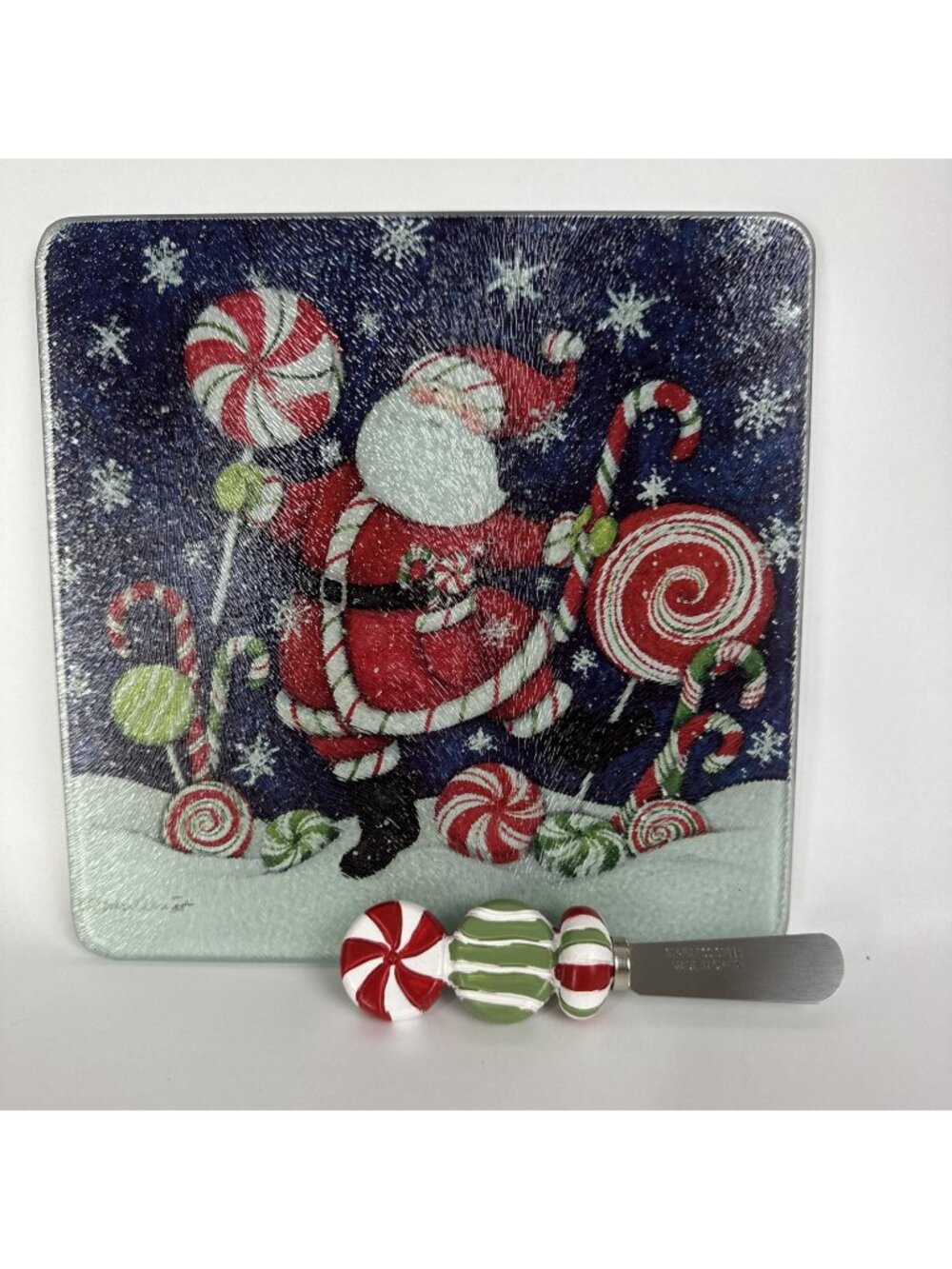 Santa Glass Cheese Board w Spreader Susan Winget NEW Open Box holiday party